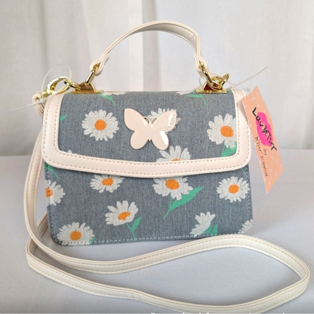 NWT Luv Betsy By Betsey Johnson Blue Denim Floral Daisy Butterfly Crossbody Tote